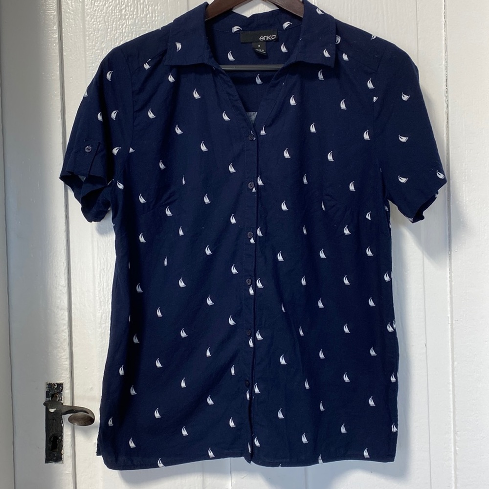 Nautical women’s navy and white button down shirt